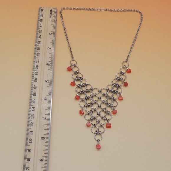 Vintage Mesh Choker Bib Necklace Silver Tone Orange Glass Square Beads - Picture 8 of 11
